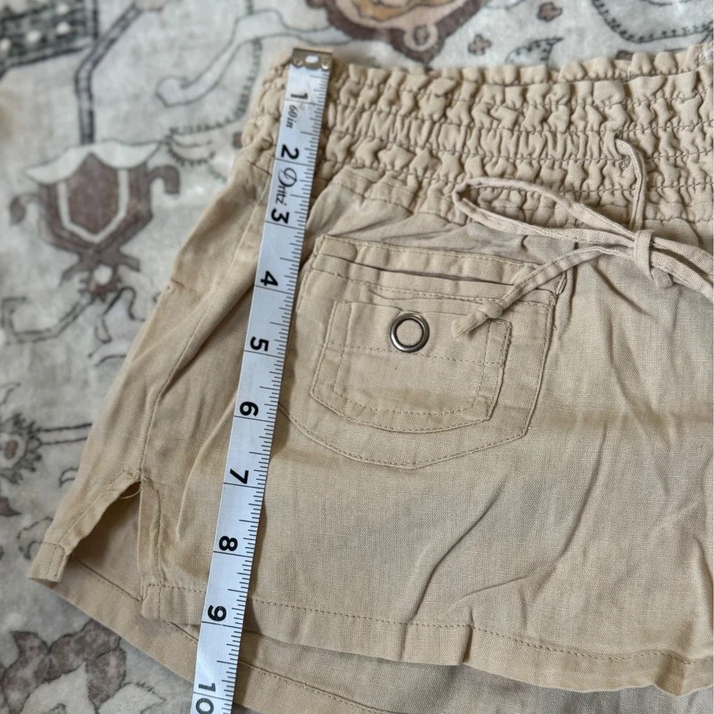 LAGACI Tan Smocked Waist Linen Blend Cargo Shorts Khaki Drawstring Casual Womens